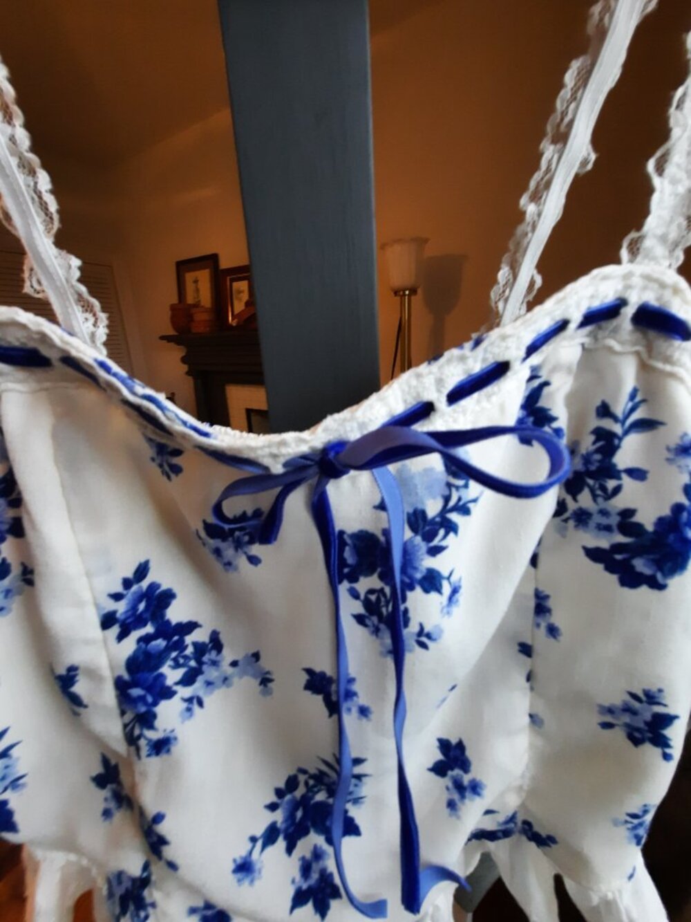 Blue Floral Lace Trim Cami – Cottagecore / Coquette Style.  Has flaw. - Picture 3 of 8